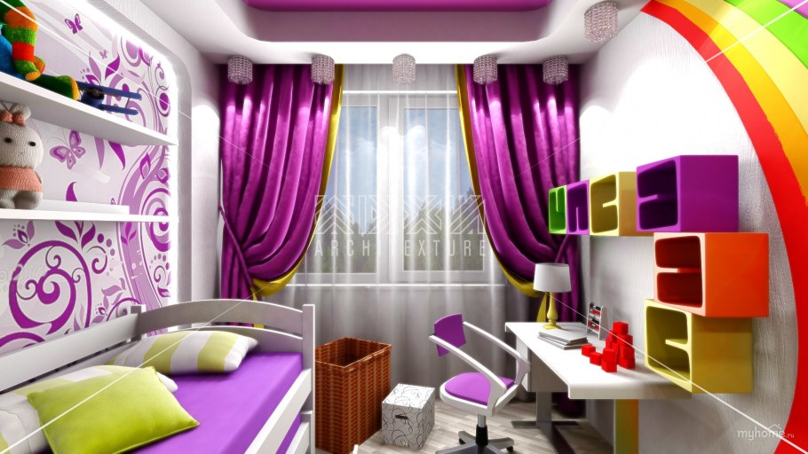 Узкая детская комната для девушки