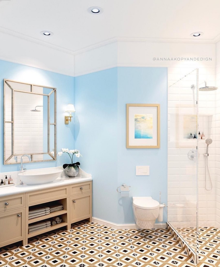 Бежево голубая ванная комната