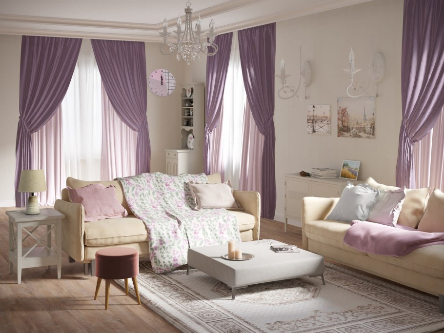Сиреневые шторы в бежевом интерьере