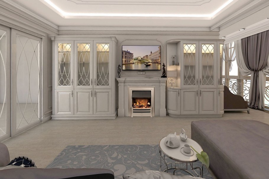Гостиная современная классика с камином