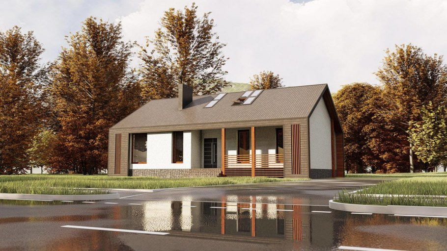 Одноэтажный дом из кирпича с панорамными окнами