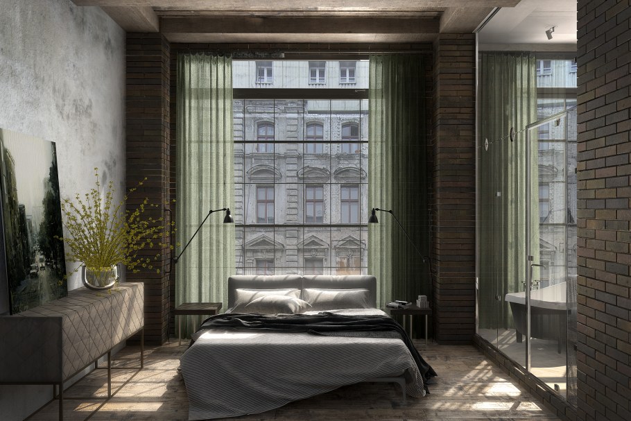 Спальня с балконом в стиле лофт