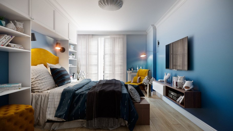 Спальня в голубых тонах в скандинавском стиле