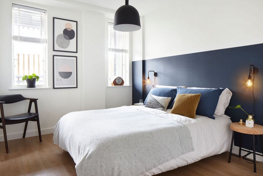 Спальня в скандинавском стиле бело голубая