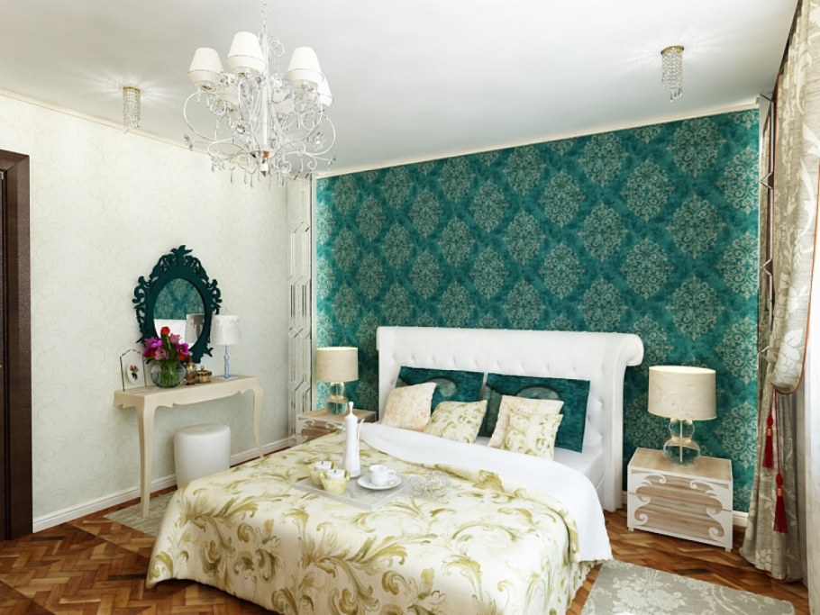 Изумрудная спальня с белой мебелью