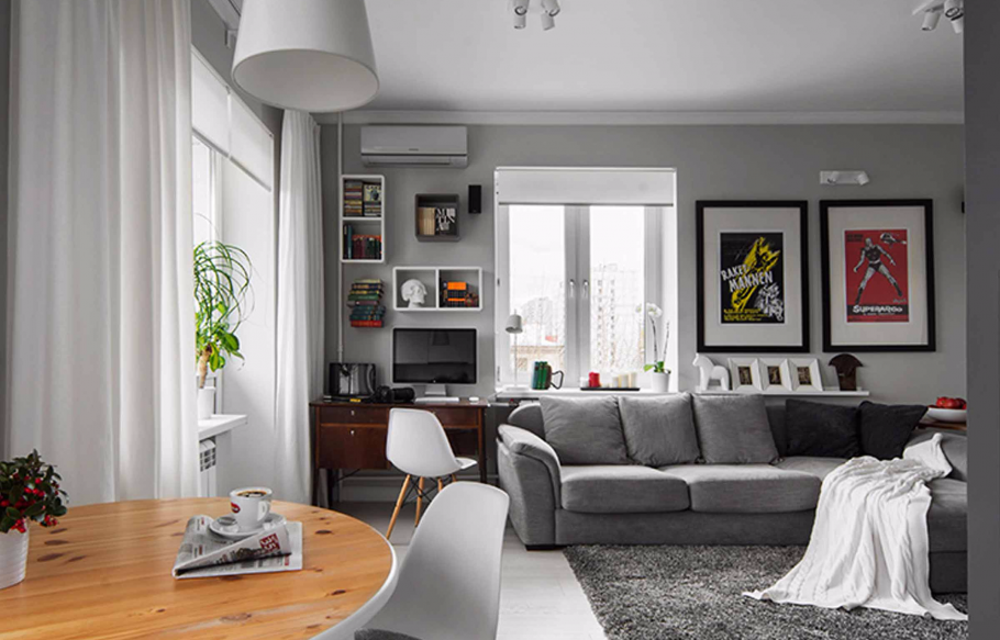 Серая стена в интерьере студии