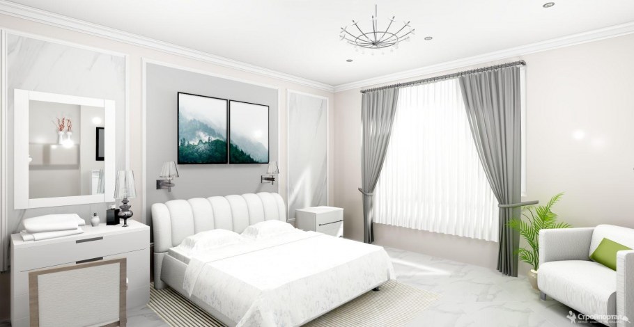 Бело серая спальня