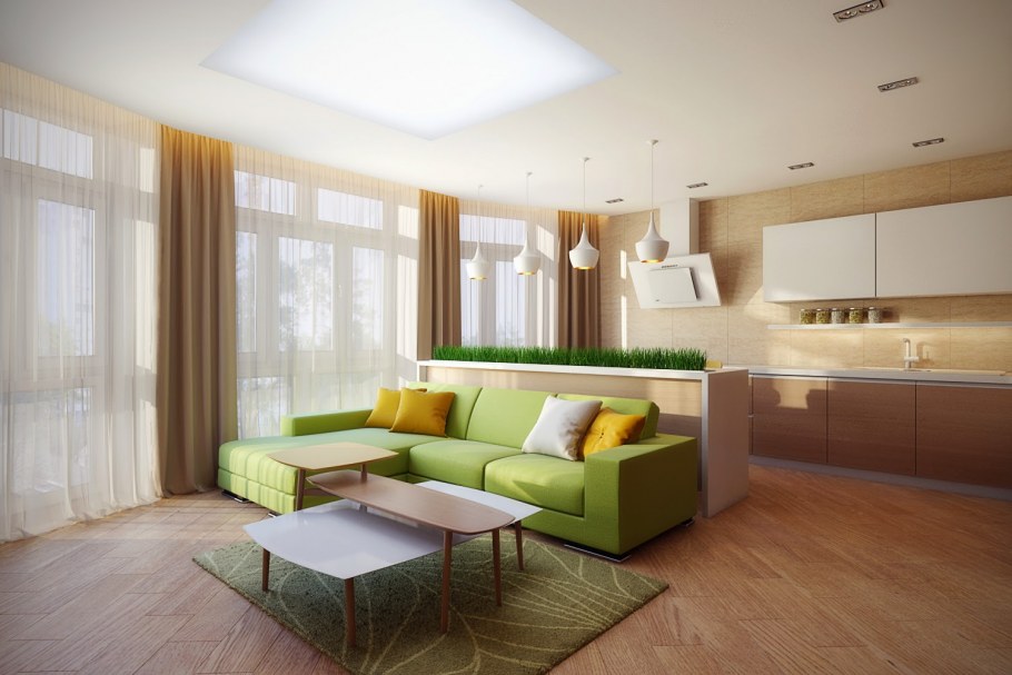 Зеленая кухня гостиная