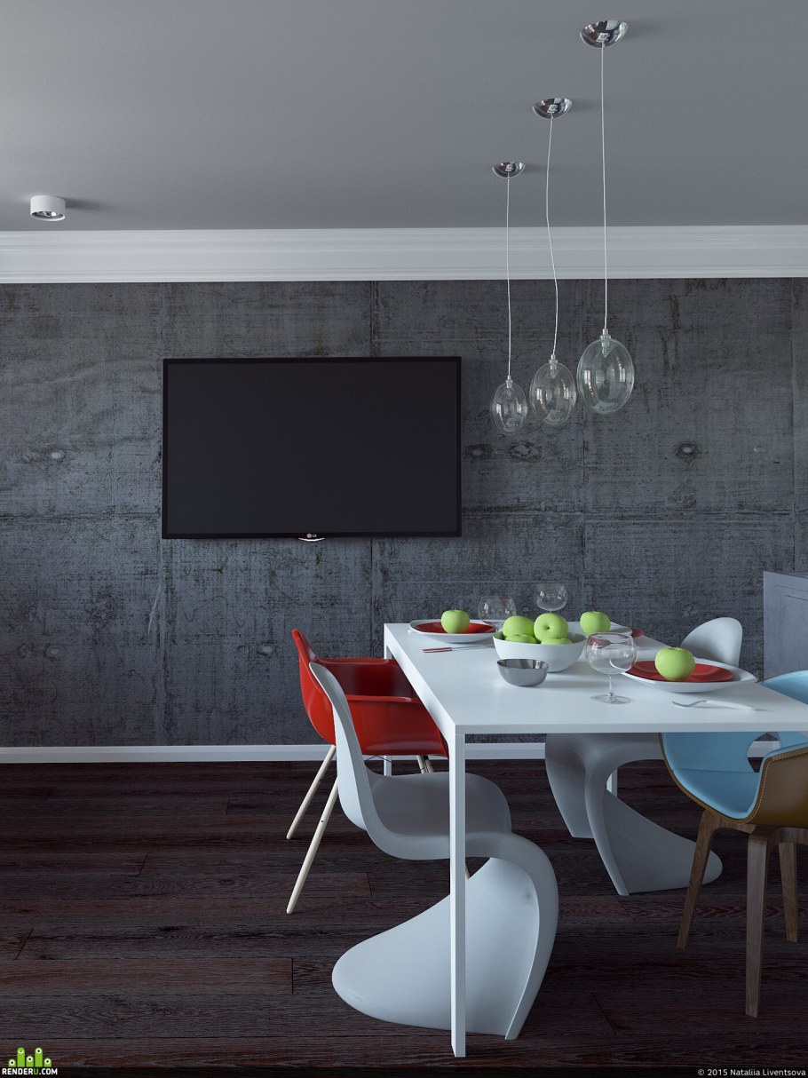 Стены под бетон в интерьере кухни