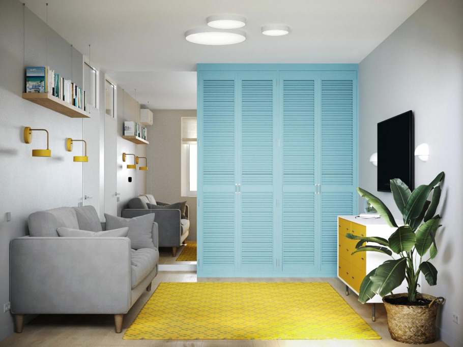 Бежевые стены синий шкаф