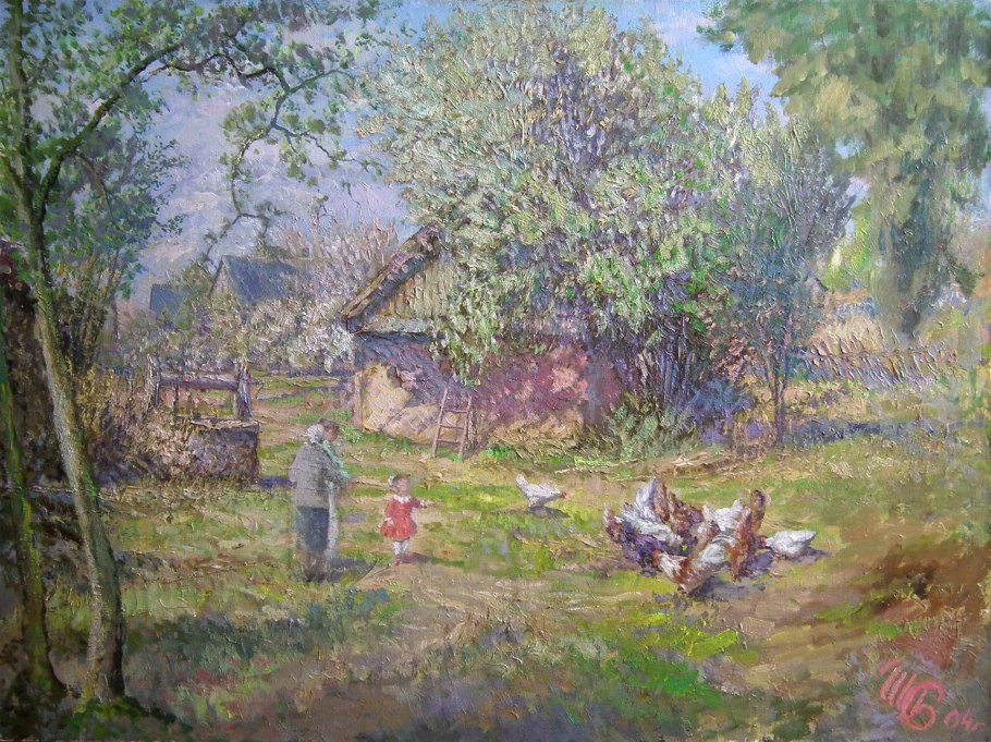 Дворик в деревни живопись