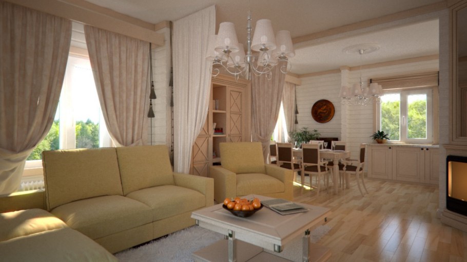 Интерьер гостиной с двумя окнами