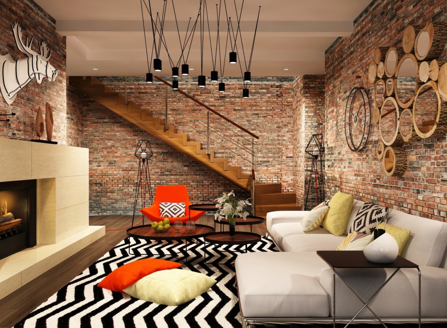 Кирпичная стена в интерьере