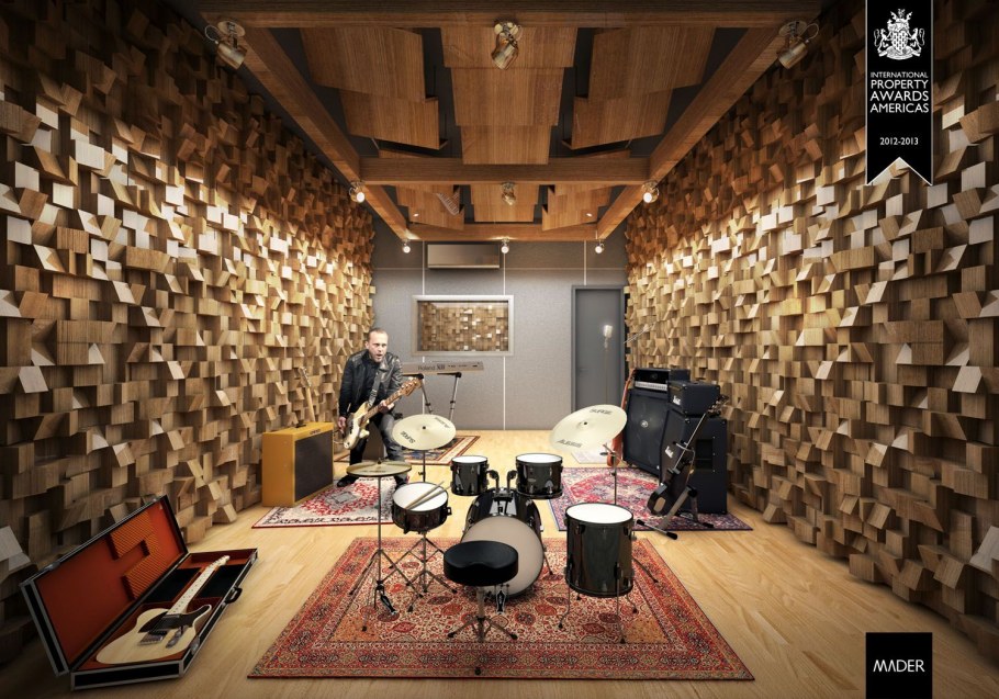 Деревянные акустические панели для студии звукозаписи