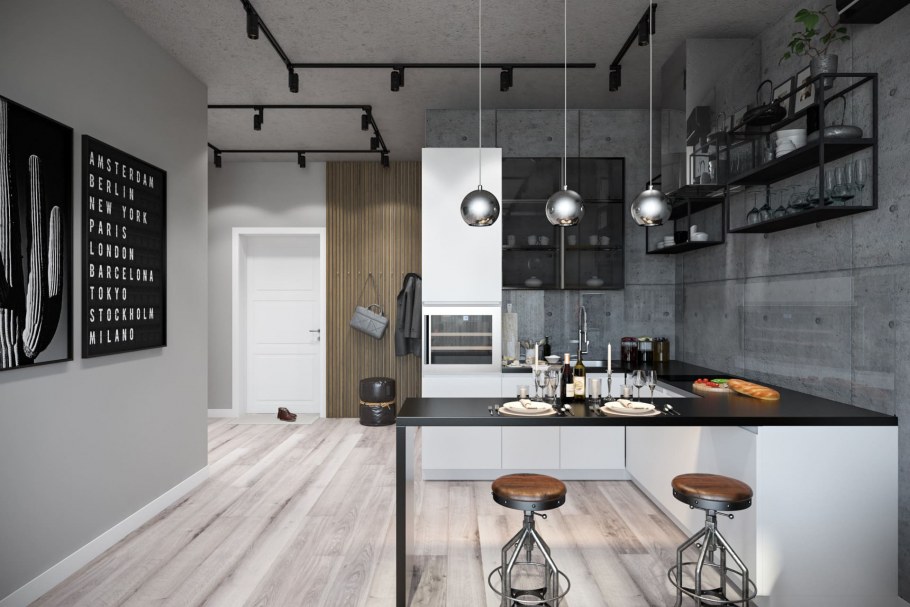 Трековые светильники в интерьере лофт