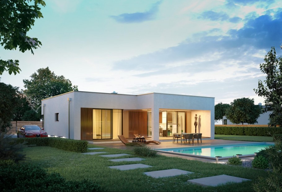 Современный дом с плоской крышей и террасой