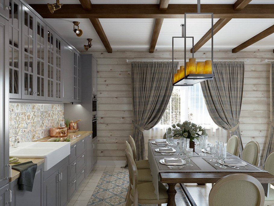 Интерьер кухни в доме из бруса