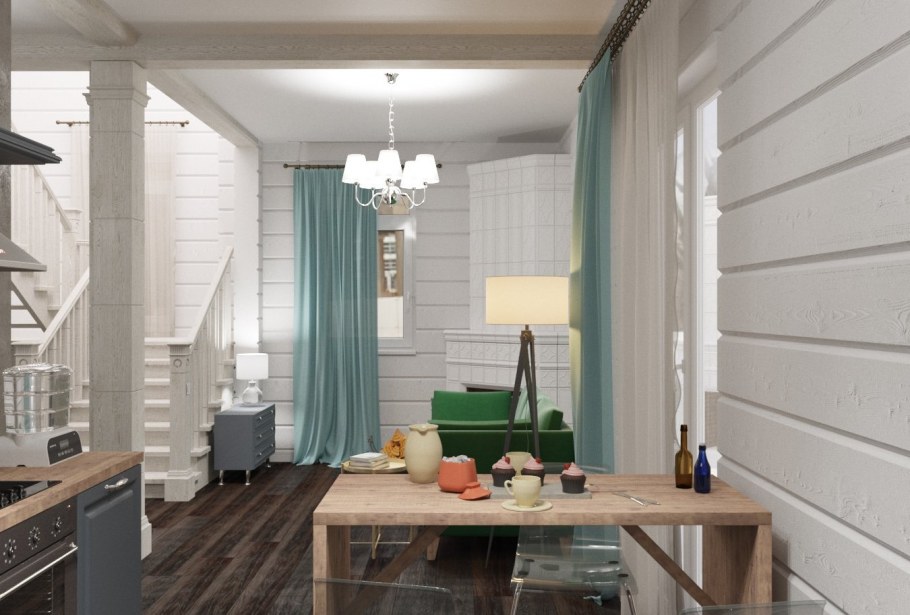 Кухня-гостиная в доме из клееного бруса