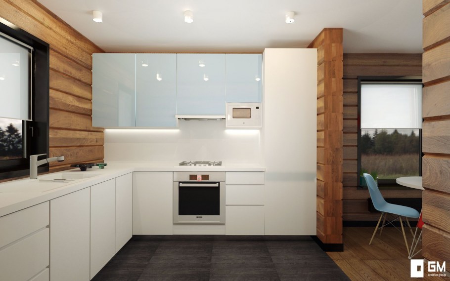 Белая кухня в доме из бруса