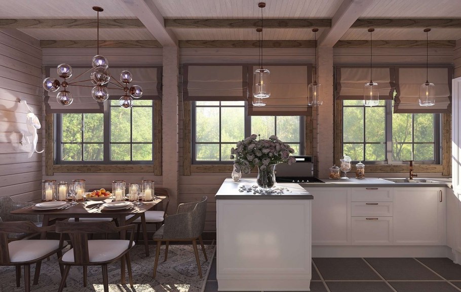 Кухня в доме из клееного бруса с окном