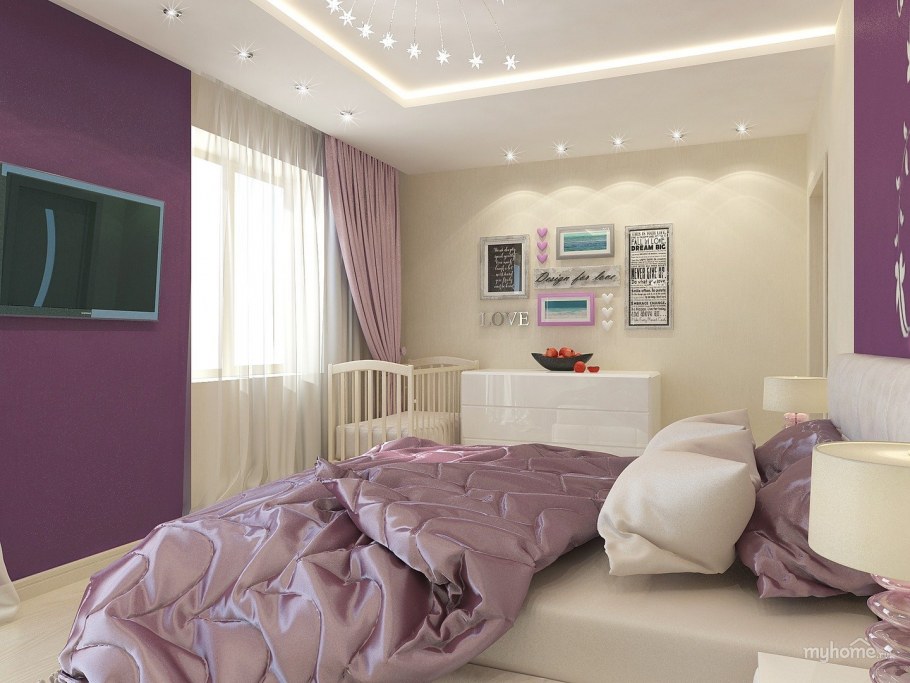 Спальня в бежево-сиреневых тонах