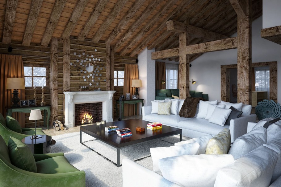 Гостиная с камином в загородном доме