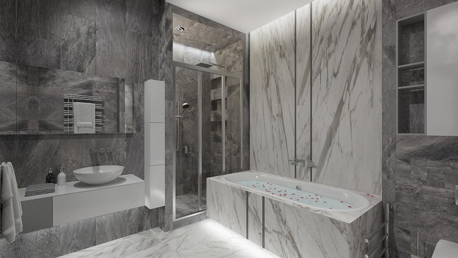 Зеркало в мраморной ванной