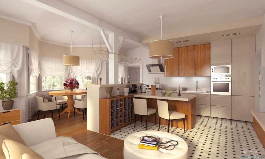 Пол в гостиной совмещенной с кухней