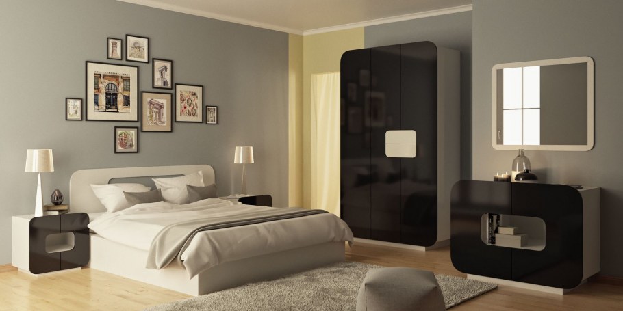 Бежевая спальня с темной мебелью