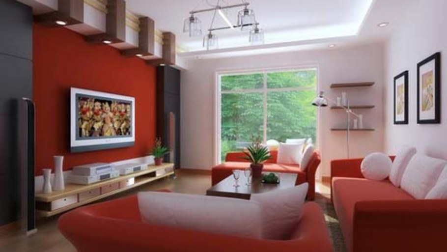 Гостиная с одной красной стеной