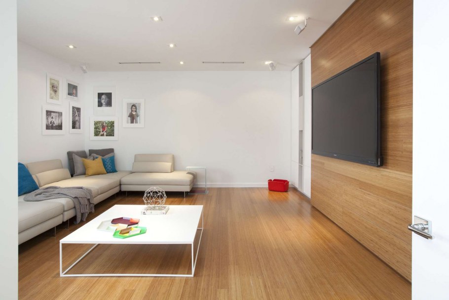 Гостиная с ламинатом на стене