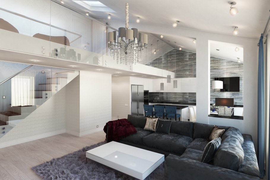 Современная гостиная с высокими потолками