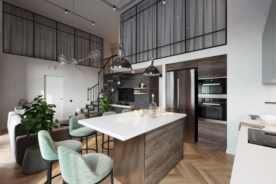 Кухня-гостиная в двухуровневой квартире