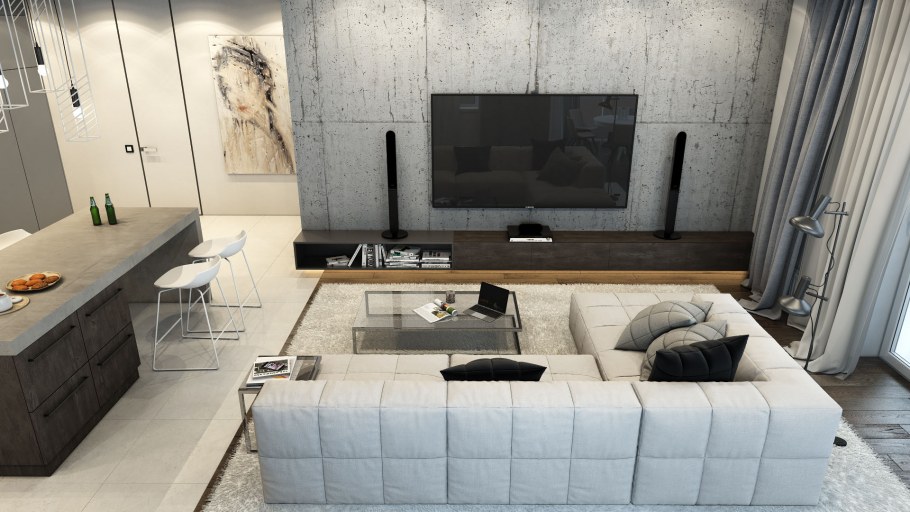 Гостиная в стиле лофт с мрамором