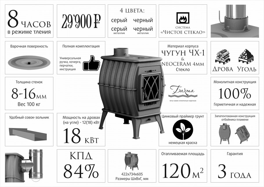 Печь-камин отопительно-варочная Бахта