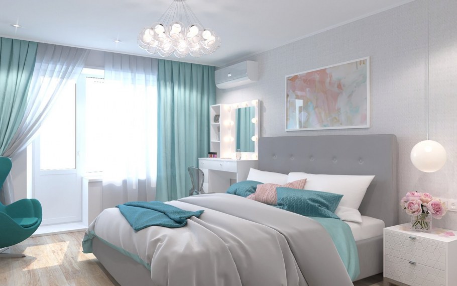 Спальня в бежево бирюзовых тонах