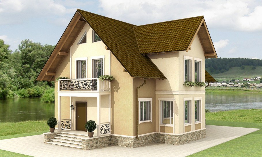 Двухэтажный дом с четырехскатной крышей