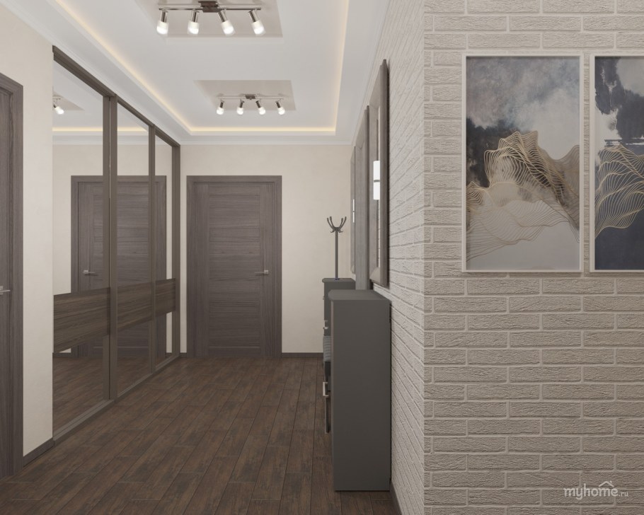 Прихожая белый кирпич и серые двери
