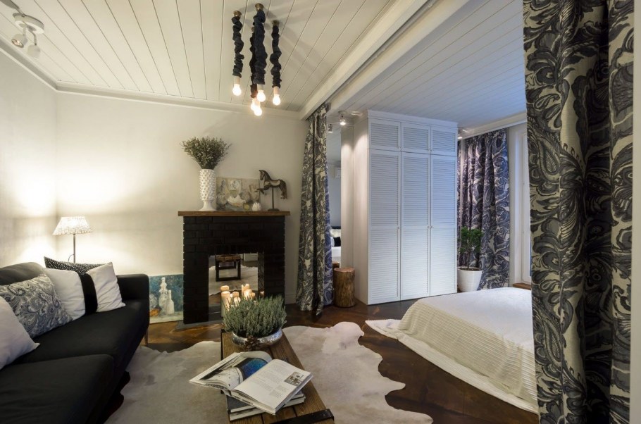 Зонирование шторами спальня гостина