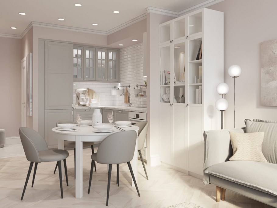 Кухня в серо-розовых тонах