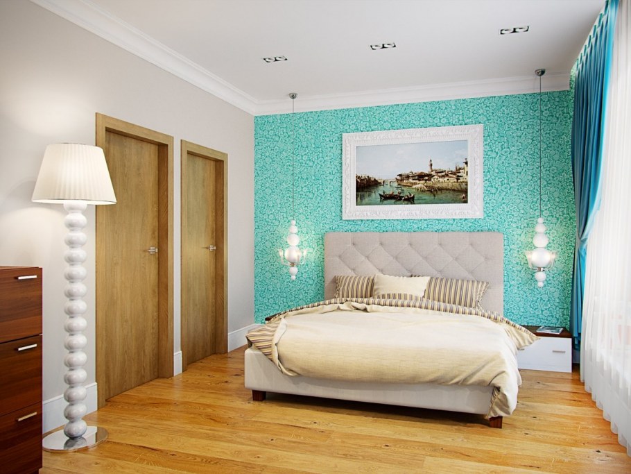 Бирюзовая мебель в интерьере для спальни