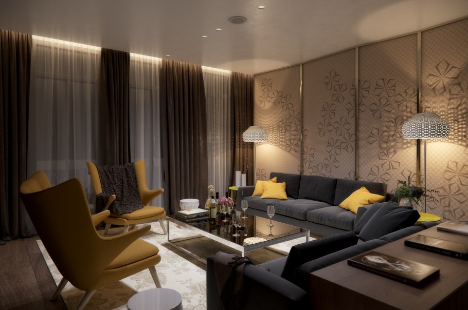 Прямоугольная гостиная освещение