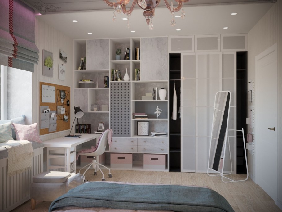 Шкафы вдоль окна в детской