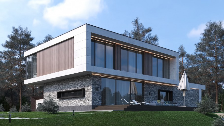 Монолитный двухэтажный дом с плоской крышей