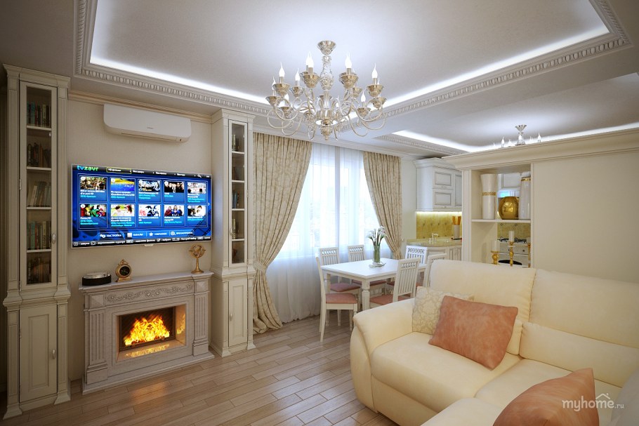 Кухня-гостиная в классическом стиле с камином