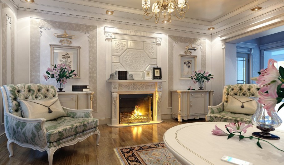 Классическая гостиная в светлых тонах с камином