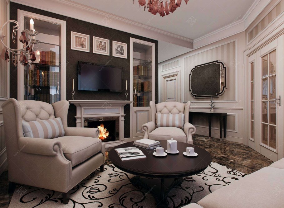 Гостиная с камином в классическом стиле