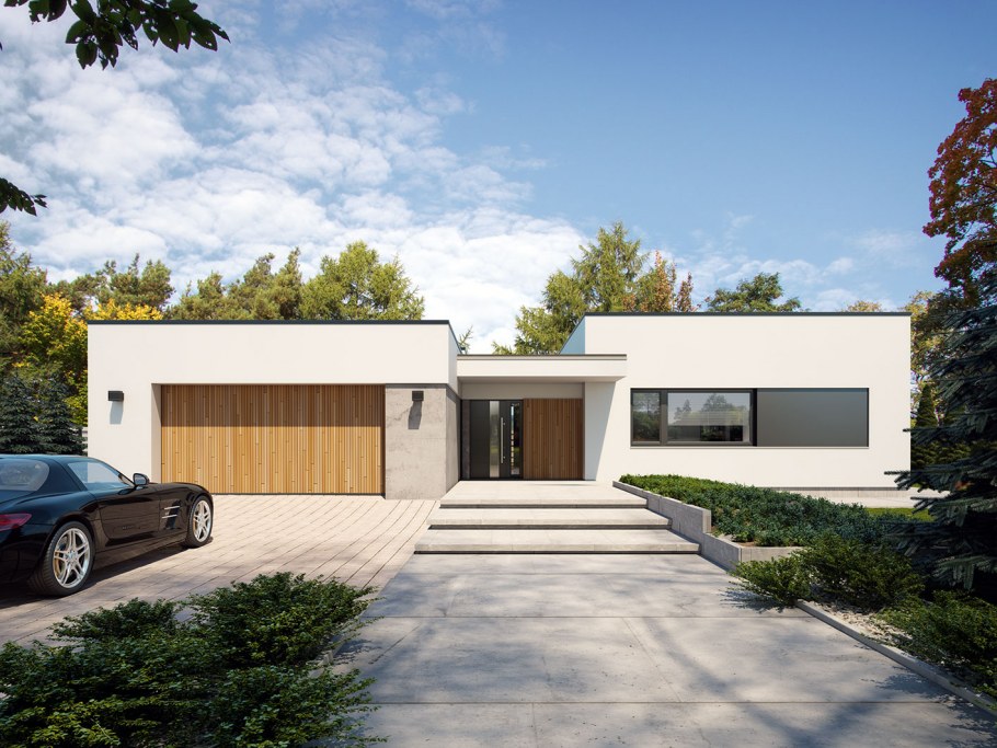 Одно этажный дом с плоской крышай и горожом