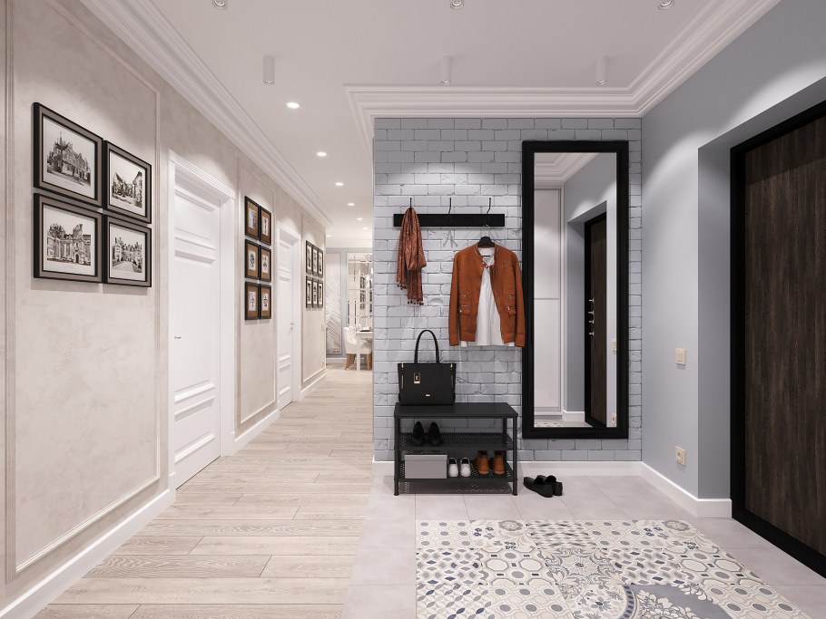 Стены под кирпичик в прихожей Неоклассика