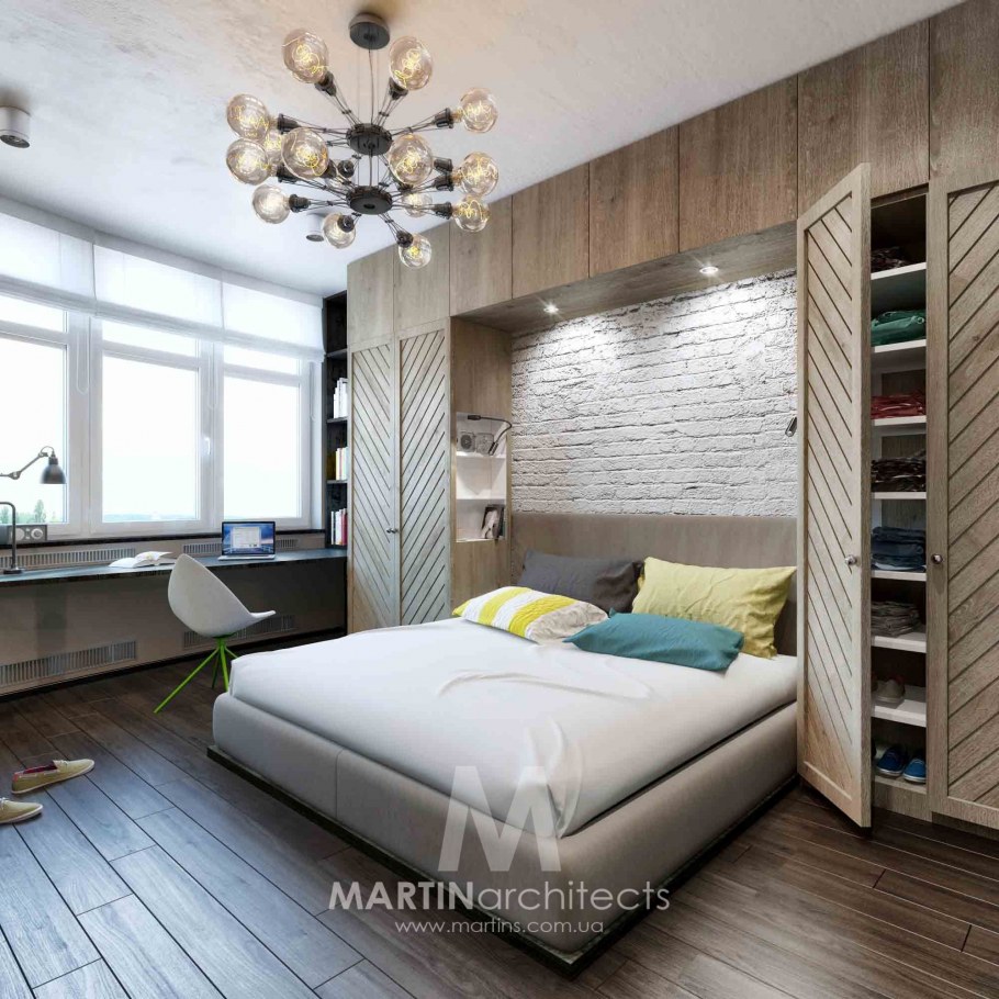 Спальня в стиле лофт с зоной хранения